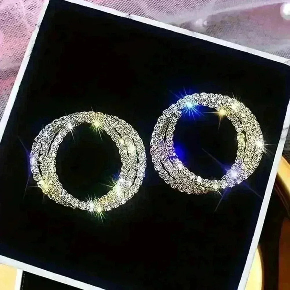 3-layer Sparkling Zircon Silver-Plated Hoop Earrings, Elegant Sexy Style, 1”Drop - Picture 1 of 4